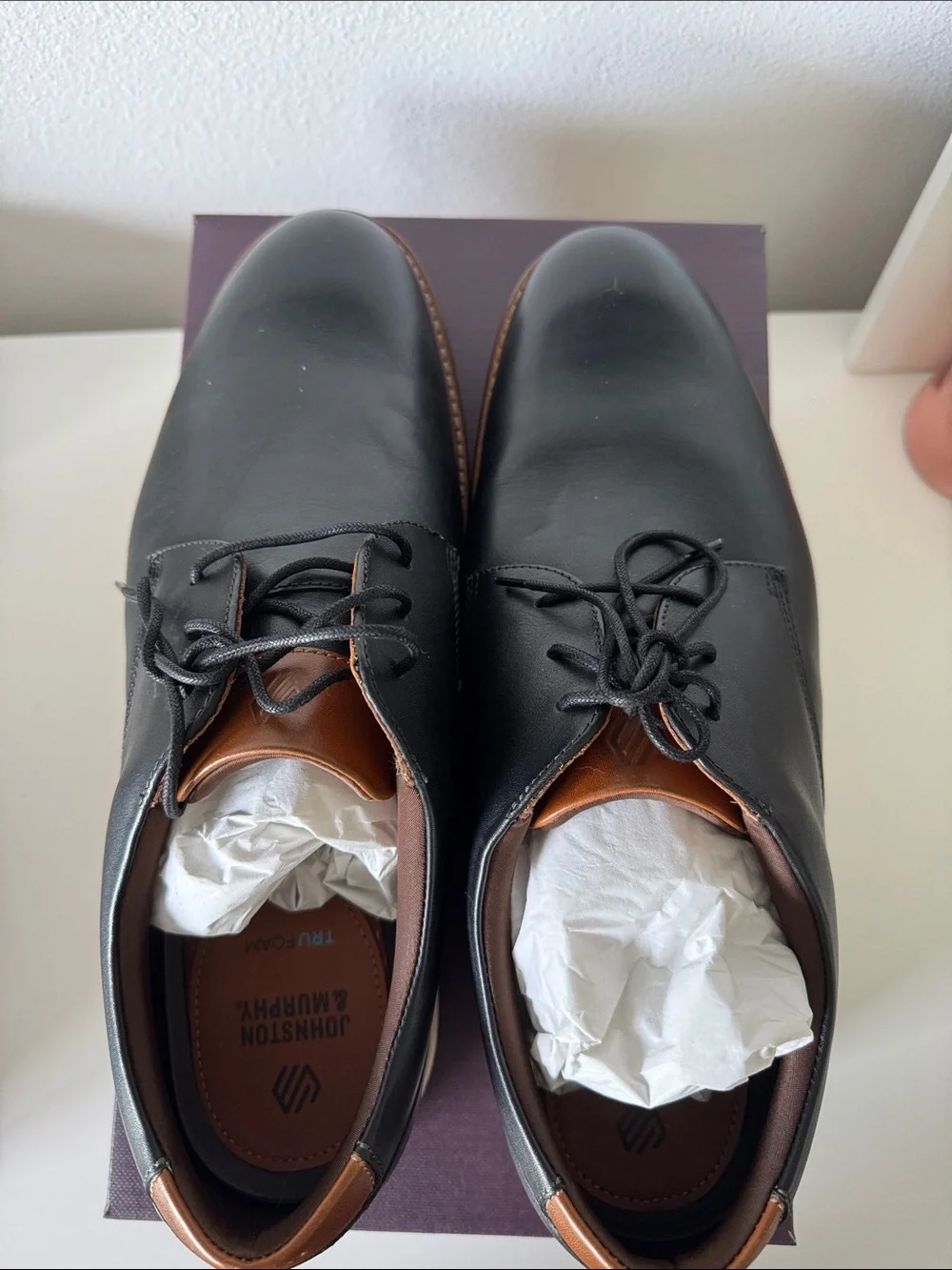 Johnston & Murphy Black Leather Derby with Cream Contrast Sole